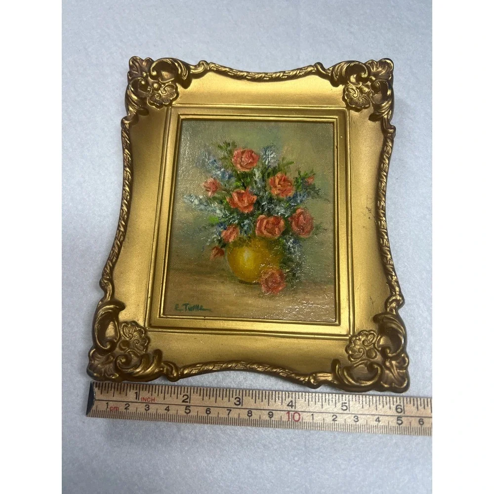 Vintage MCM Still Life Floral Painting Gold Ornate Mini Frame Regency 1964 USA